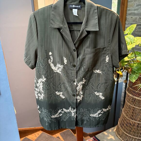 Women's Sag Harbor Olive Green Gradient Botanical Print Button Up Blouse size 16 - Picture 2 of 7